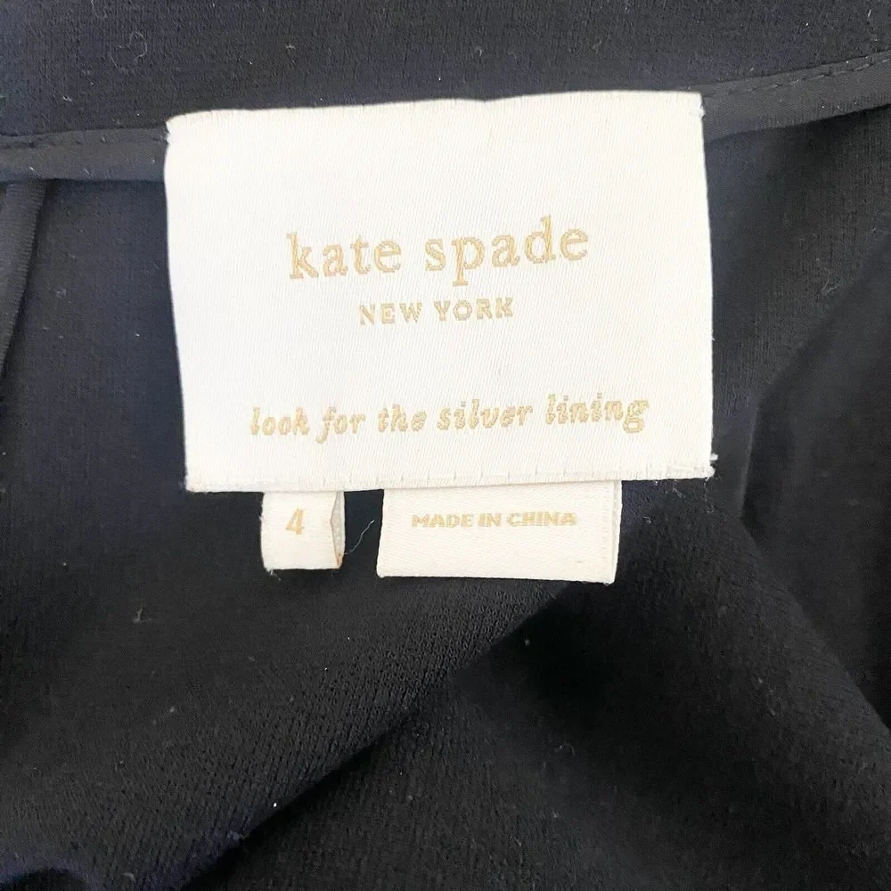 Kate‎ Spade Dress Women 4 Black Excellent 3/4 Sleeve Pleated Neck Ponte Sheath